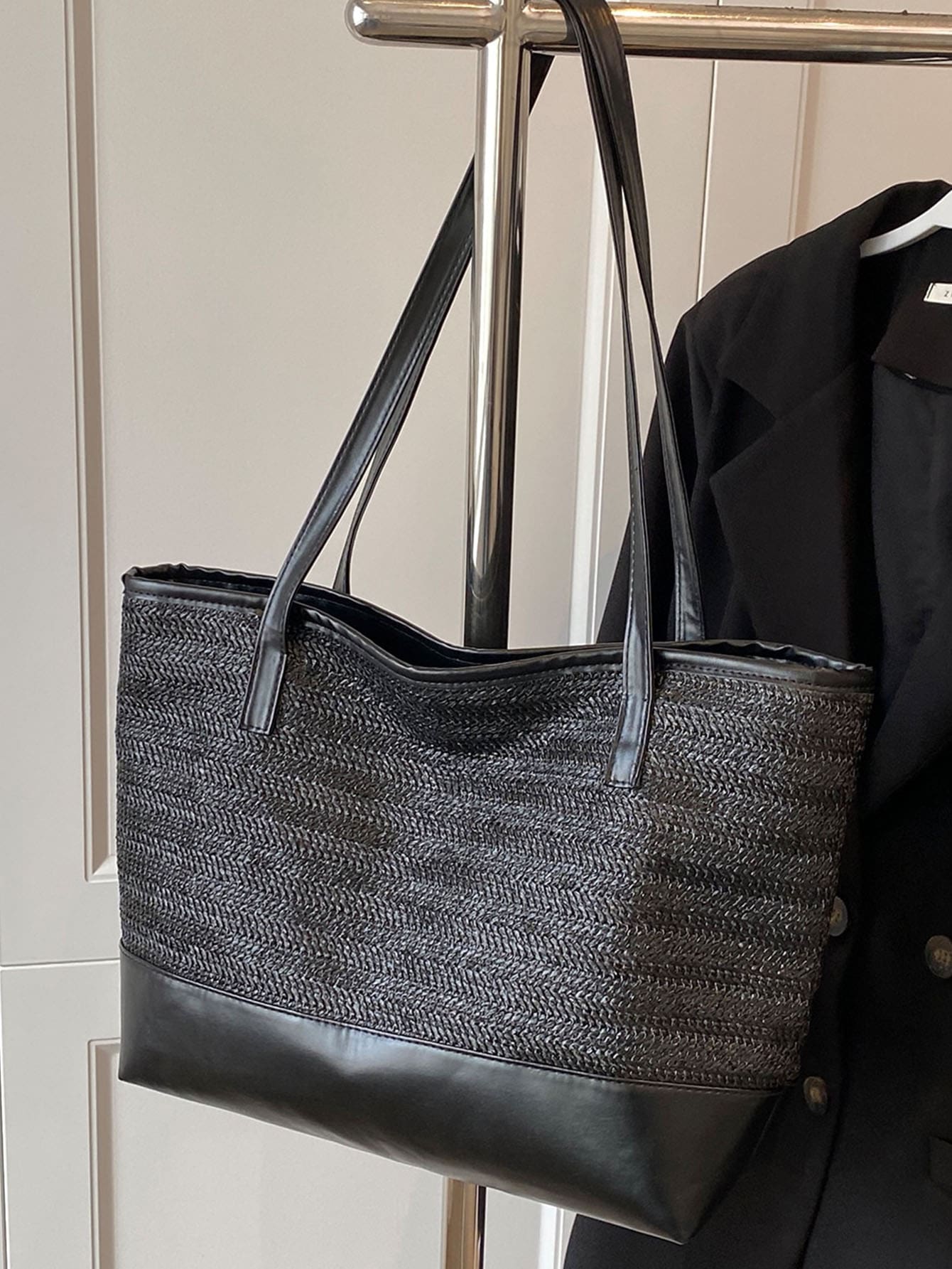 Túi rơm tối giản túi đi biển, hoàn hảo cho kỳ nghỉ du lịch bãi biển mùa hè - màu đen - Xem 1