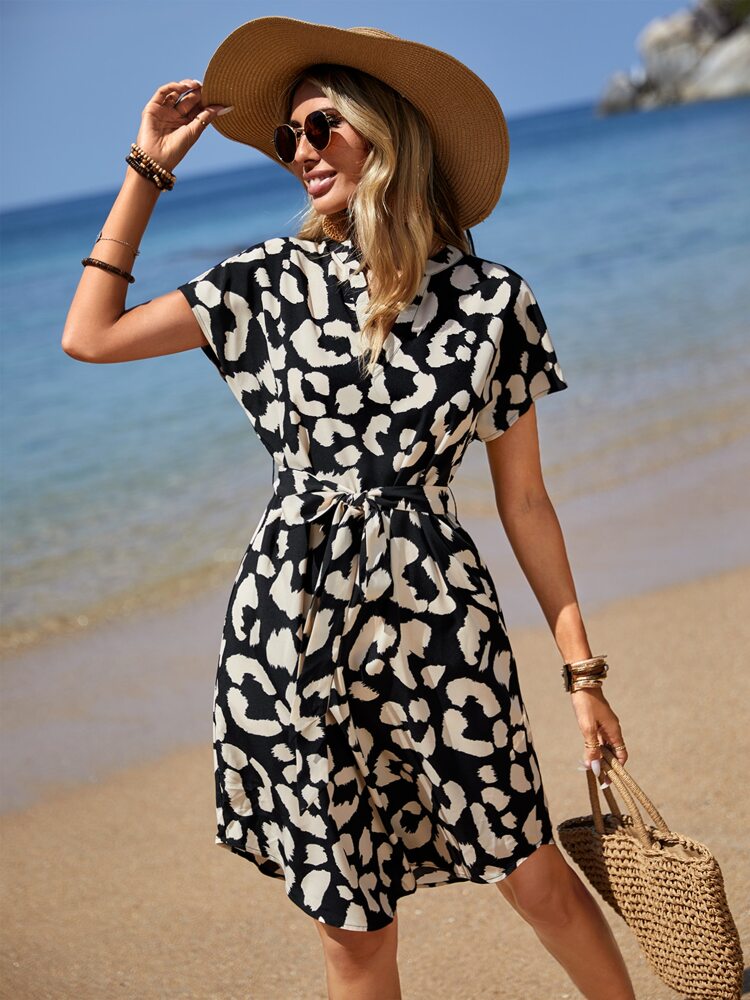 Allover Print Batwing Sleeve Belted Dress picture 1