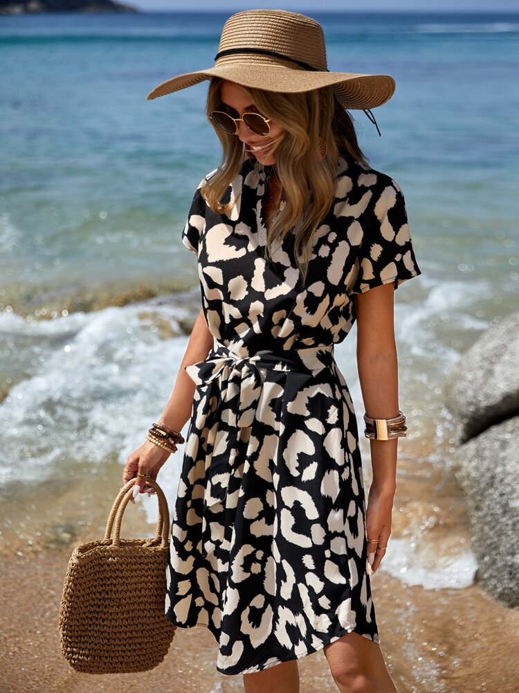 Allover Print Batwing Sleeve Belted Dress picture 5