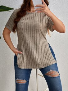 SHEIN Essnce 大碼下擺開叉條紋針織T恤 - 杏色 - 查看 1