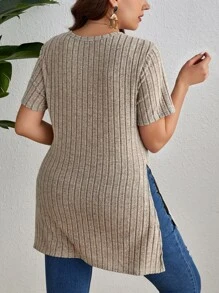 SHEIN Essnce 大碼下擺開叉條紋針織T恤 - 杏色 - 查看 2