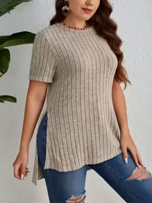 SHEIN Essnce 大碼下擺開叉條紋針織T恤 - 杏色 - 查看 3