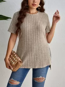 SHEIN Essnce 大碼下擺開叉條紋針織T恤 - 杏色 - 查看 5