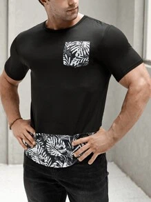 Manfinity Men Tropical Print Pocket Patched Tee - Black - View 5