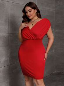 SHEIN Unity 大碼交疊領蝙蝠袖緊身洋裝 - 紅色 - 查看 4