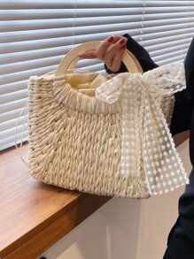 Minimalist Bow Decor Straw Bag - Beige - View 1