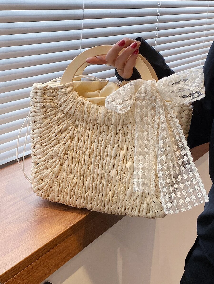 Minimalist Bow Decor Straw Bag - Beige - View 1