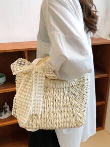 Minimalist Bow Decor Straw Bag - Beige - View 4