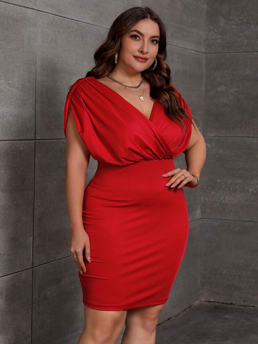 SHEIN Unity 大碼交疊領蝙蝠袖緊身洋裝 - 紅色 - 查看 1