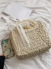 Minimalist Bow Decor Straw Bag - Beige - View 6