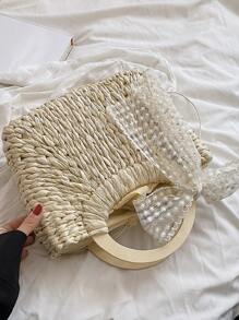 Minimalist Bow Decor Straw Bag - Beige - View 8