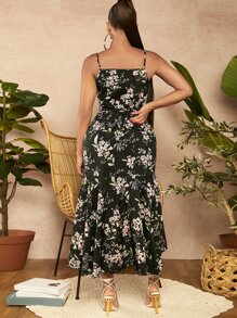 SHEIN SXY 印花荷葉邊圍裹下擺吊帶連衣裙 - 黑色 - 查看 2