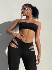 SHEIN SXY Summer Sexy Music Festival Cut Out Rhinestone Detail Flare Leg Pants