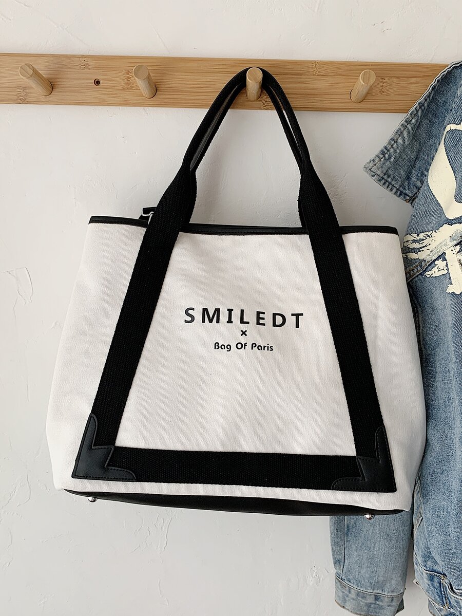Letter Graphic Contrast Binding Shoulder Tote Bag - White - View 1