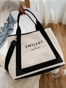 Letter Graphic Contrast Binding Shoulder Tote Bag - White - View 2