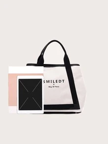 Letter Graphic Contrast Binding Shoulder Tote Bag - White - View 3