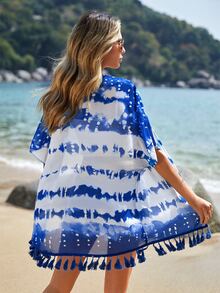 SHEIN VCAY 紮染流蘇邊和服罩衫 - 藍白色 - 查看 2