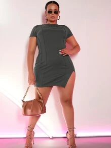 SHEIN SXY 大碼接縫細節下擺開叉緊身連衣裙 - 深灰色 - 查看 3