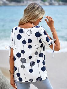 SHEIN LUNE 波點圖案打結袖口開衩袖襯衫 - 白色 - 查看 2
