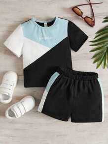 SHEIN Leap Crew Đứa bé trai Đồ họa Chữ cái Khối màu Áo thun & quần đùi - Nhiều màu - Xem 1