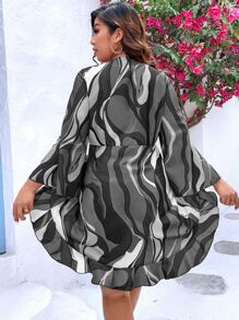 SHEIN Clasi Plus Allover Print Knot Front Flounce Sleeve Ruffle Hem Blouse - Grey - View 2