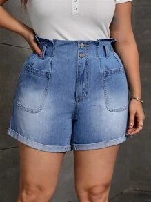 Plus Paperbag Waist Roll Hem Denim Shorts - Light Wash - View 1