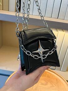 Mini Star Decor Flap Chain Square Bag - Black - View 2