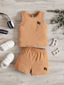 SHEIN Leap Crew Baby Boy Letter Graphic Tank Top & Shorts - Apricot - View 1