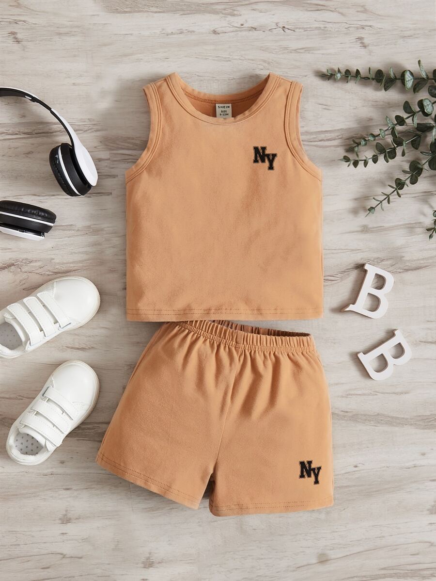 SHEIN Leap Crew Baby Boy Letter Graphic Tank Top & Shorts - Apricot - View 1