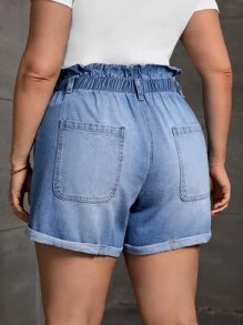 Plus Paperbag Waist Roll Hem Denim Shorts - Light Wash - View 2