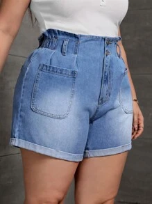 Plus Paperbag Waist Roll Hem Denim Shorts - Light Wash - View 3