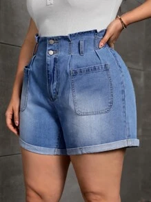 Plus Paperbag Waist Roll Hem Denim Shorts - Light Wash - View 4