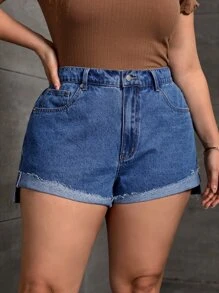Plus High Waist Roll Hem Denim Shorts - Dark Wash - View 1