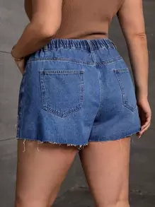 Plus High Waist Roll Hem Denim Shorts - Dark Wash - View 2