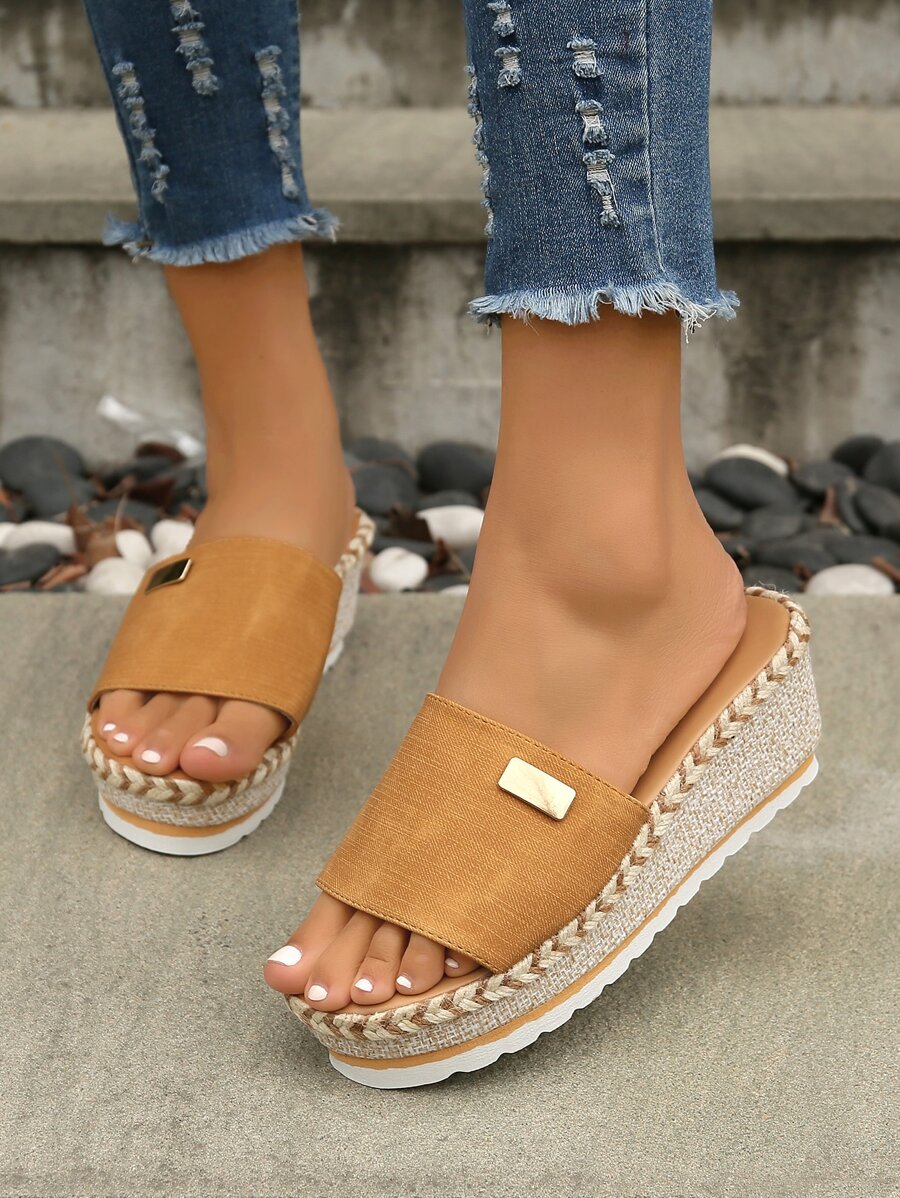 Vacation Wedge Slide Sandals For Women, Metal Decor Espadrille Sandals - Brown - View 1