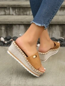 Vacation Wedge Slide Sandals For Women, Metal Decor Espadrille Sandals - Brown - View 2
