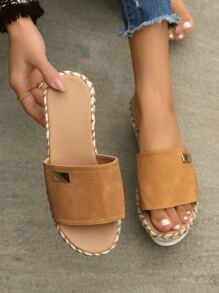 Vacation Wedge Slide Sandals For Women, Metal Decor Espadrille Sandals - Brown - View 3