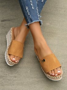 Vacation Wedge Slide Sandals For Women, Metal Decor Espadrille Sandals - Brown - View 4