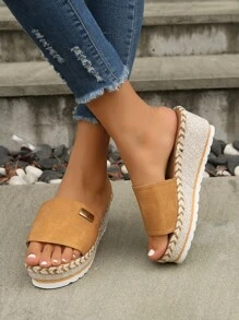 Vacation Wedge Slide Sandals For Women, Metal Decor Espadrille Sandals - Brown - View 5