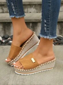 Vacation Wedge Slide Sandals For Women, Metal Decor Espadrille Sandals - Brown - View 6