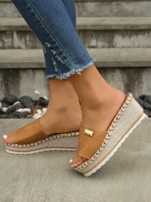 Vacation Wedge Slide Sandals For Women, Metal Decor Espadrille Sandals - Brown - View 7