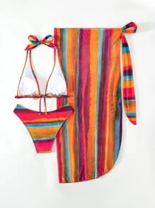 條紋露背三角形夏季沙灘比基尼套裝，附沙灘裙 - 彩色 - 查看 3