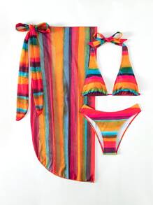 條紋露背三角形夏季沙灘比基尼套裝，附沙灘裙 - 彩色 - 查看 5