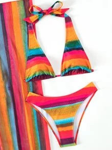條紋露背三角形夏季沙灘比基尼套裝，附沙灘裙 - 彩色 - 查看 6