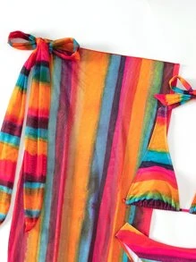 條紋露背三角形夏季沙灘比基尼套裝，附沙灘裙 - 彩色 - 查看 8