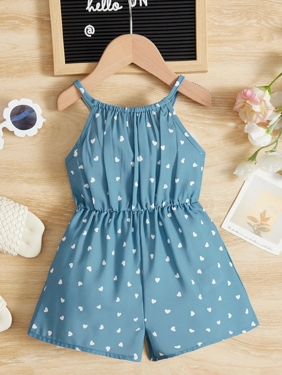 SHEIN 情人节女婴心形印花吊带连体衣 - 霧霾藍 - 查看 1