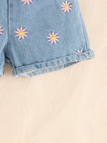 嬰兒荷葉邊前蝴蝶結上衣和花卉刺繡牛仔短褲 - 彩色 - 查看 5