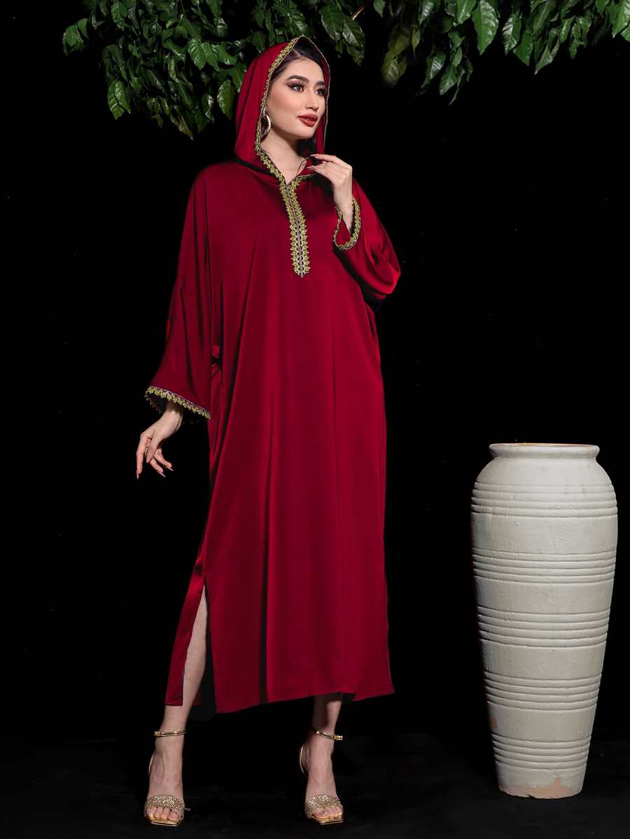 Al Najma Contrast Tape Split Hem Hooded Dress - Red - View 1