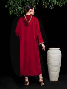 Al Najma Contrast Tape Split Hem Hooded Dress - Red - View 2