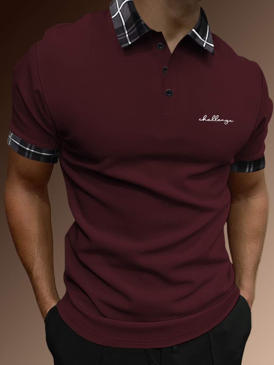 Manfinity Homme Áo thun có cổ Nam Nút Tương phản ren Sọc ca rô Lá thư Công việc - Màu Đỏ Sâu - Xem 1